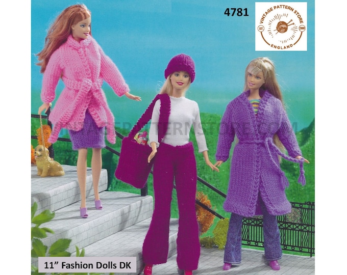Vintage DK fashion doll Barbie dolls clothes coat jacket belt shoulder bag and trousers pdf knitting pattern Instant PDF Download 4781