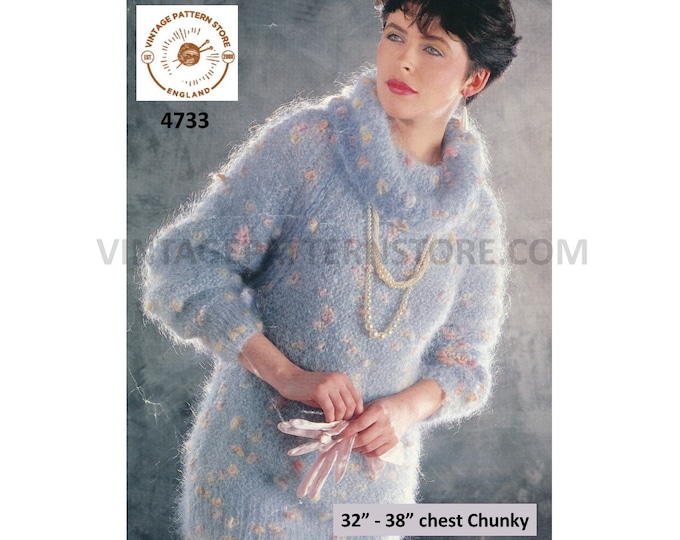 Ladies Womens 90s Chunky knit cowl neck slouchy long line easy to knit dolman sweater jumper pdf knitting pattern 32" to 38" Download 4733
