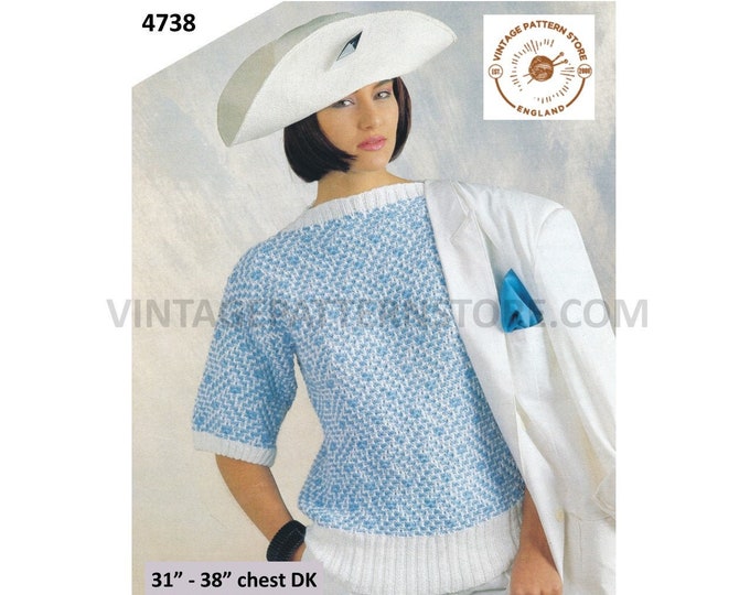 Womens 90s DK slash neck short sleeve 2 colour drop shoulder dolman Summer sweater jumper pdf knitting pattern 26" to 34" PDF Download 4736