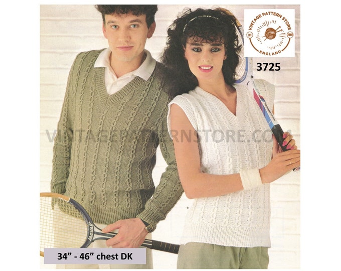 Ladies Womens Mens 80s vintage V neck cable cabled raglan DK sweater jumper slipover tank top pdf knitting pattern 34" to 46" Download 3725