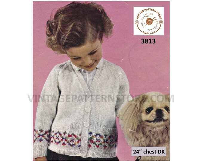 Girls Toddlers 70s vintage easy to knit instant fair isle banded V neck raglan DK cardigan pdf knitting pattern 24" chest PDF download 3813