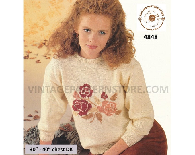 Ladies Womens 90s DK round neck drop shoulder floral rose intarsia raglan sweater jumper pdf knitting pattern 30" to 40" Download 4848