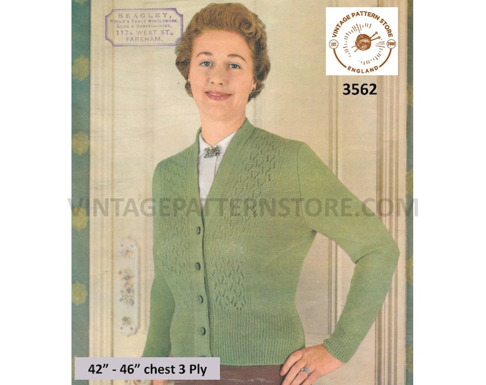 Ladies Womens 50s vintage 3 ply V neck eyelet lace panel deep welt lacy raglan cardigan pdf knitting pattern 42" to 46" chest Download 3562