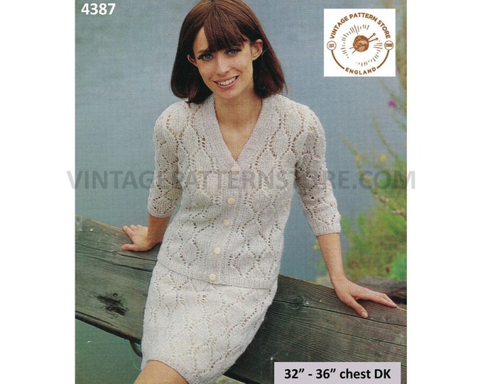 Ladies Womens 70s vintage DK V neck bold eyelet lace lacy raglan cardigan & skirt pdf knitting pattern 34" to 38" Instant PDF Download 4387
