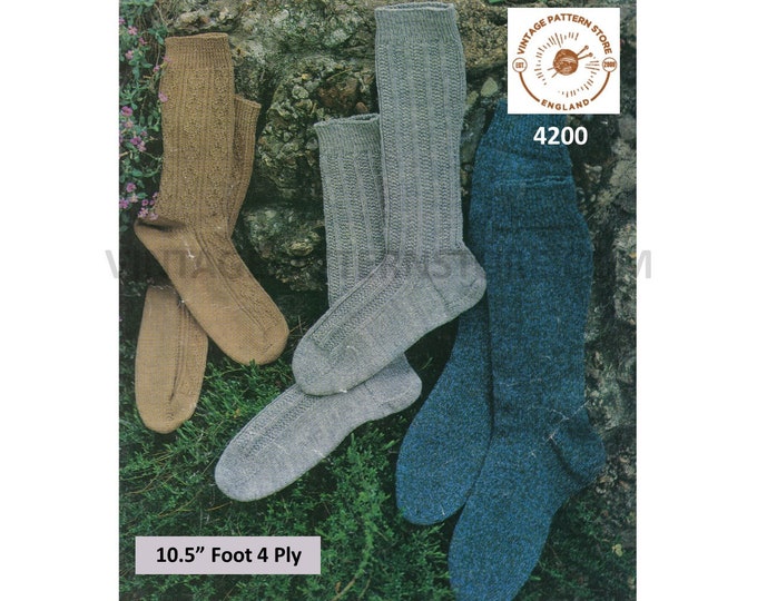 Mens Mans 60s vintage 4 ply easy to knit ribbed and cable cabled socks pdf knitting pattern 3 designs to knit 9" to 10.5" foot Download 4200