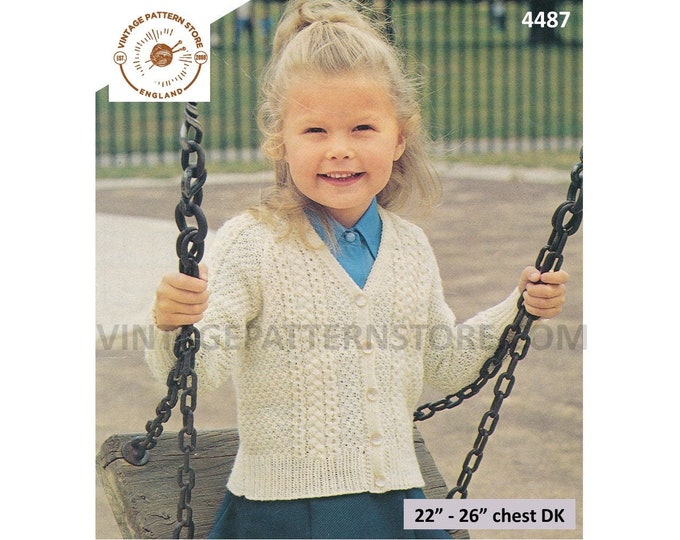 Girls Toddlers 70s vintage V neck DK cabled cable and texture panel raglan cardigan pdf knitting pattern 22" to 26" Instant Download 4487