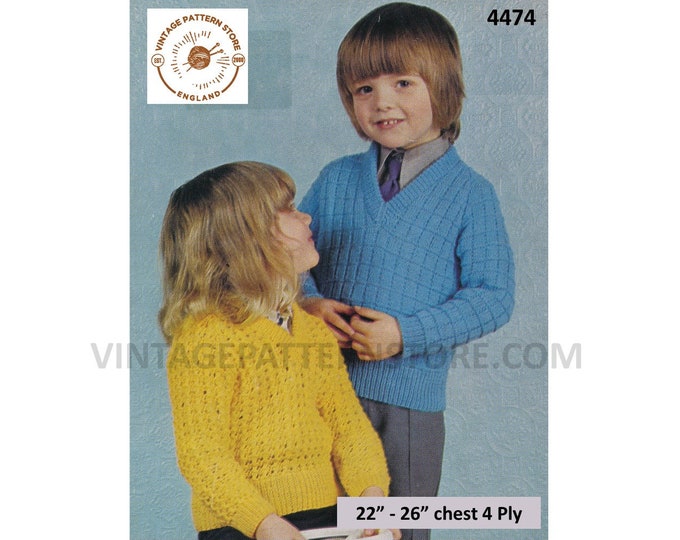 Girls Boys Toddlers 70s vintage V neck 4 ply lacy lace & check raglan sweater jumper pullover pdf knitting pattern 22" to 26" Download 4474