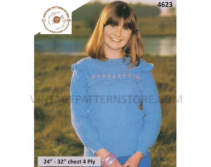 Girls 80s vintage 4 ply round neck vertical ridge cabled frilly yoke raglan sweater jumper pdf knitting pattern 24" to 32" Download 4623