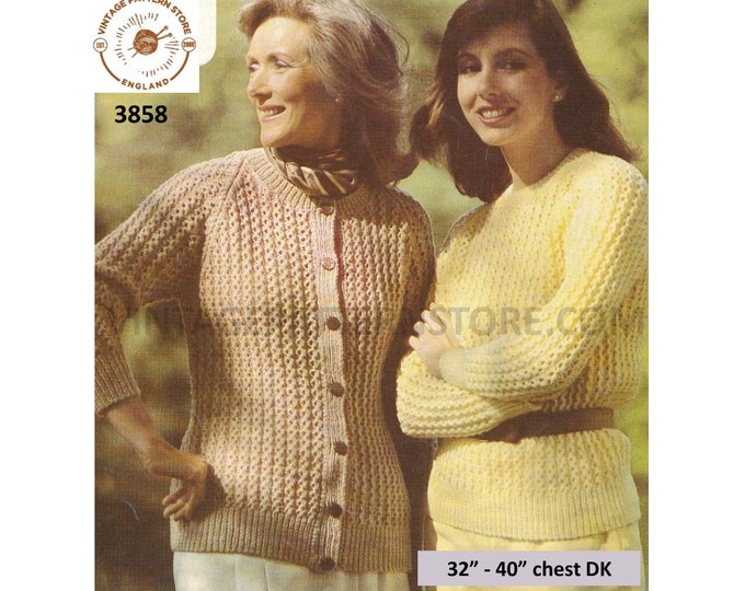 Ladies Womens 70s vintage round neck cable ribbed cabled rib raglan DK cardigan sweater jumper pdf knitting pattern 32" to 40" Download 3858