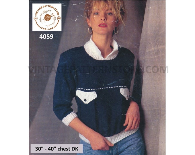 Ladies Womens 90s split collar mock breast pocket 2 colour raglan DK sweater jumper pdf knitting pattern 30" to 40" Instant download 4059