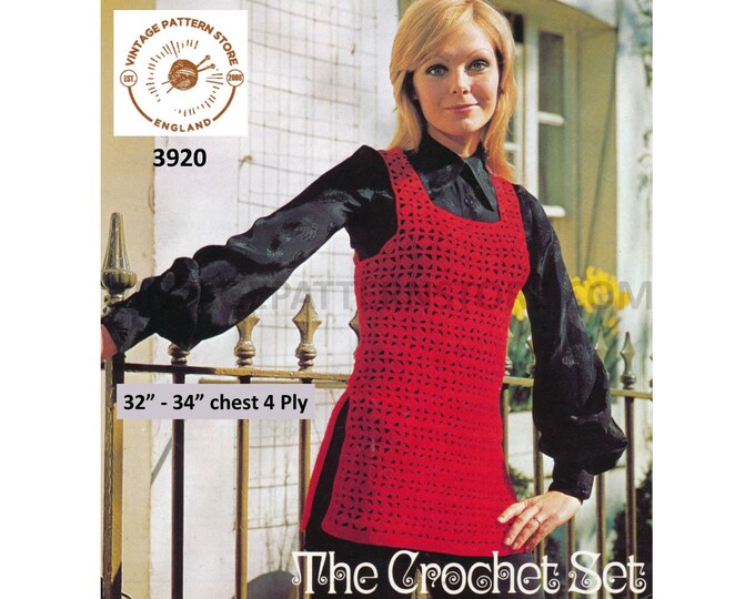 Ladies Womens 70s vintage 4 ply square neck lacy lace long line slipover tabard overdress dress pdf crochet pattern 32" to 34" Download 3920
