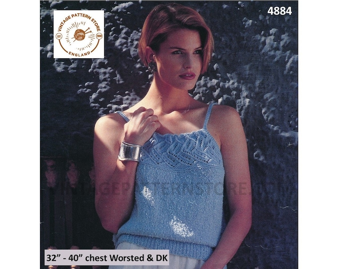Womens Ladies 90s Worsted and DK lacy lace panel strappy slipover Summer top pdf knitting pattern 32" to 40" Instant PDF Download 4884