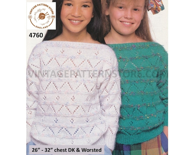 Girls 90s DK & worsted slash neck lacy eyelet lace striped drop shoulder dolman sweater jumper pdf knitting pattern 26" to 32" Download 4760