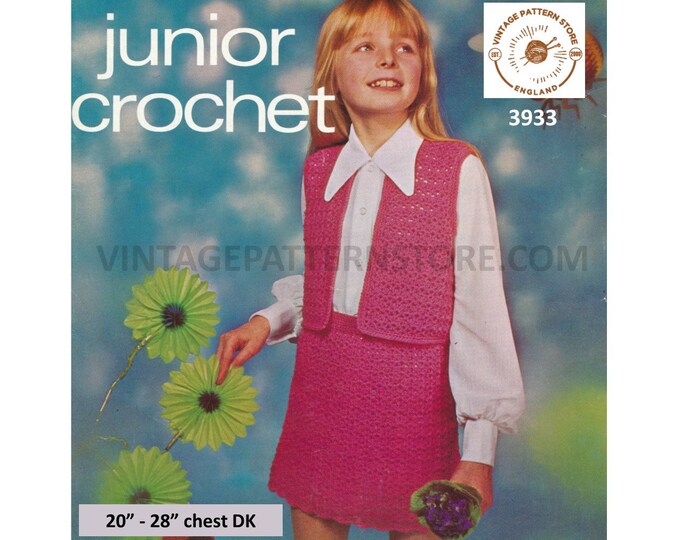 Girls 70s vintage easy to crochet DK waistcoat and midi skirt pdf crochet pattern 20" to 28" chest Instant PDF download 3933