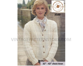 90s Aran Cardigan Knitting Pattern, Cable Texture, 32-42" Bust (PDF Pattern)