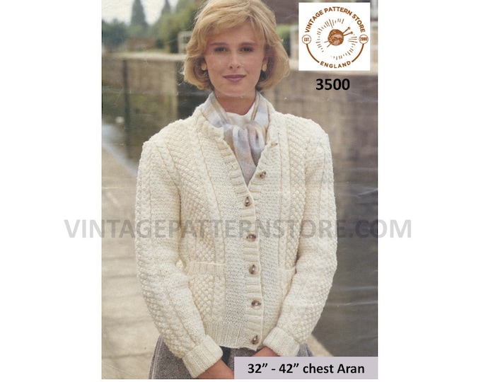 Ladies Womens 90s crew neck cabled cable & texture panel raglan aran cardigan jacket pdf knitting pattern 32" to 42" Instant Download 3500