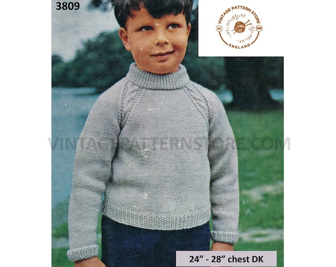 Boys toddlers 70s vintage turtleneck polo neck cable cabled raglan DK sweater jumper pdf knitting pattern 24" to 28" Instant download 3809