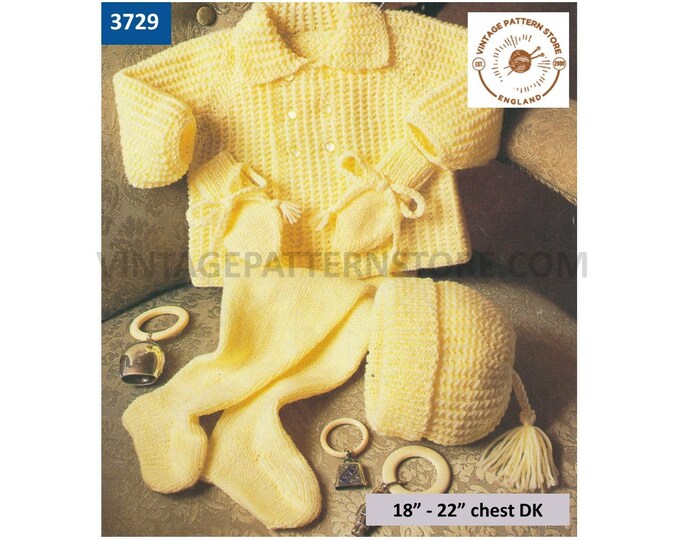 Baby Babies 80s DK pram set with collared textured matinee coat jacket leggings cap & mittens pdf knitting pattern 18" to 22" Download 3729