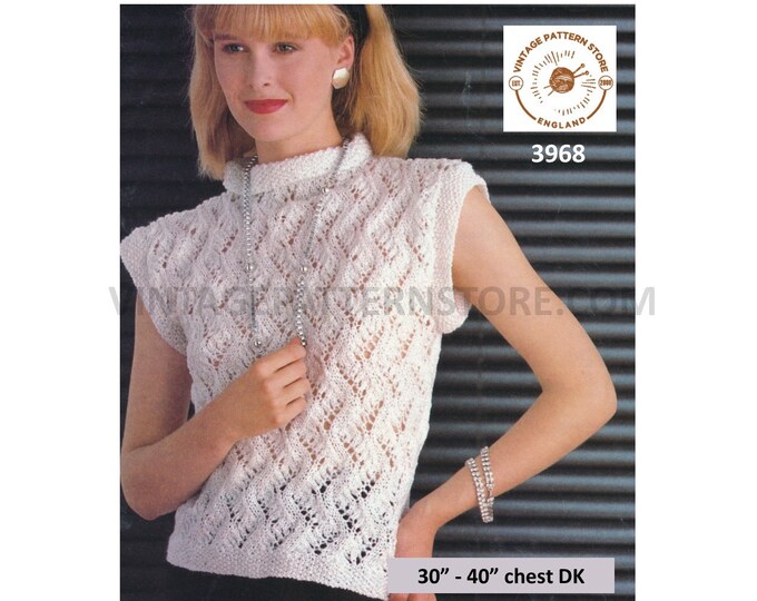 Ladies Womens 90s turtleneck lacy eyelet lace cap sleeve DK slipover sweater vest Summer top pdf knitting pattern 30" to 40" Download 3968