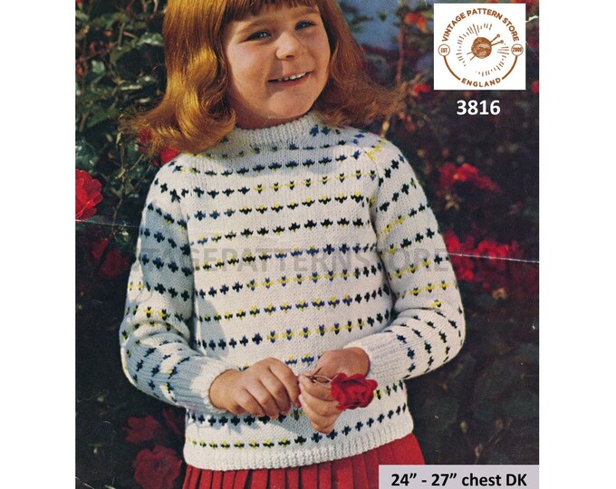 Girls 70s vintage easy to knit instant fair isle crew neck DK raglan sweater jumper pdf knitting pattern 24" to 27" chest PDF download 3816