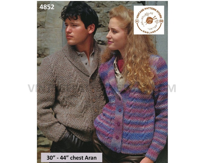 Womens Ladies Mens Mans 90s V neck shawl collar twist cable cabled aran dolman cardigan jacket pdf knitting pattern 30" to 44" Download 4852