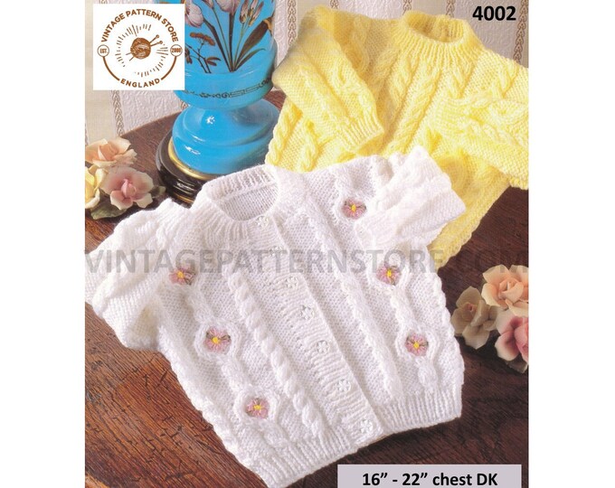 Baby Babies 90s DK round neck cabled raglan cardigan & sweater jumper with optional embroidery pdf knitting pattern 16" to 22" download 4002