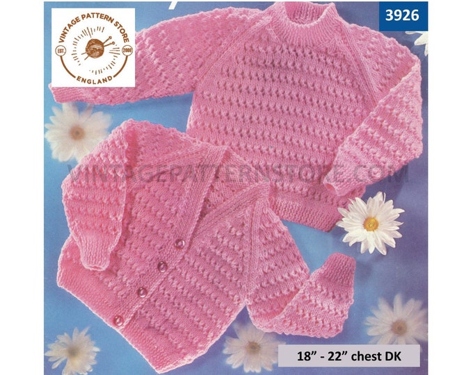 Baby Babies Toddlers 70s vintage DK round neck lacy raglan sweater and V neck cardigan pdf knitting pattern 18" to 22" PDF download 3926