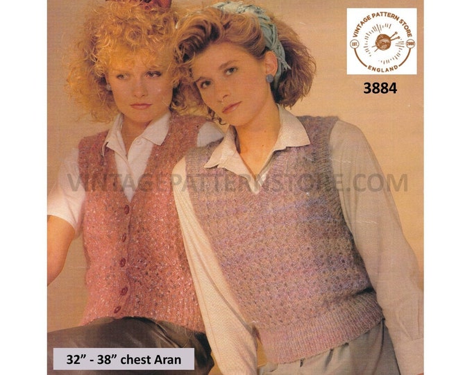 Ladies Womens 80s vintage easy to knit V neck sleeveless aran sweater vest & waistcoat pdf knitting pattern 32" to 38" PDF download 3884