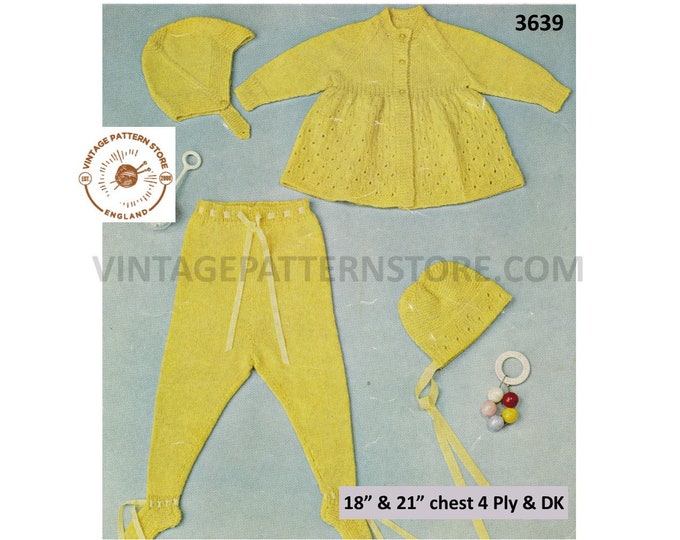 Baby Babies 70s vintage 4 ply & DK pram set with lacy matinee coat bonnet helmet and leggings pdf knitting pattern 18" to 21" Download 3639