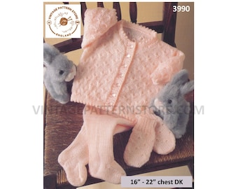 Baby Babies 90s picot round neck texture raglan cardigan matinee coat jacket leggings mittens pdf knitting pattern 16" to 22" Download 3990