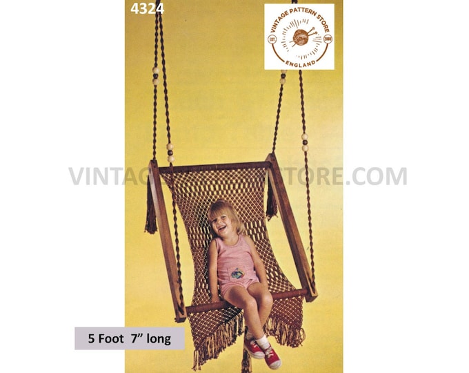 70s vintage hanging macrame swing seat garden furniture chair hammock pdf macrame pattern 5 foot 7" long Instant PDF Download 4324