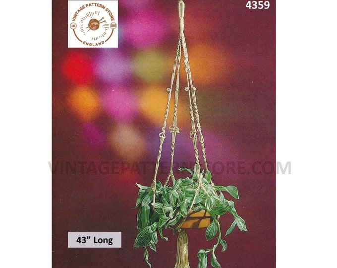 70s vintage simple and easy to make macrame plant hanger pdf macrame pattern, 70s retro indoor garden gardening 43" long Download 4359