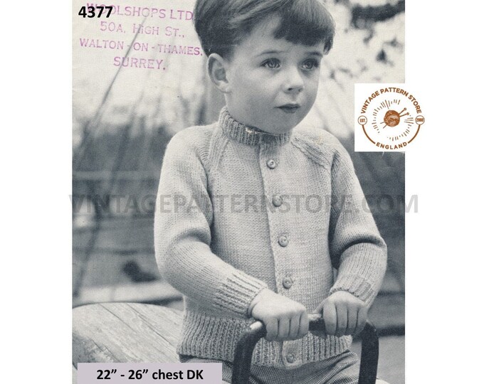 Boys Toddlers 50s vintage simple & easy to knit DK crew neck raglan cardigan pdf knitting pattern 22" to 26" chest Instant PDF Download 4377