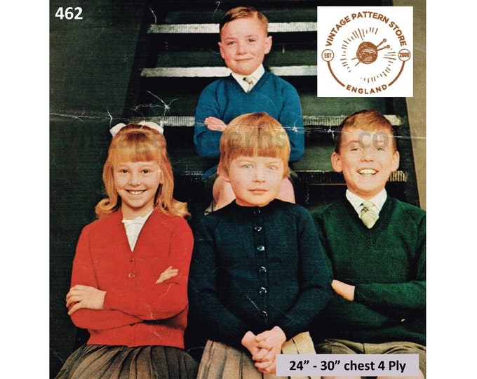 Boys Girls 80s vintage 4 ply easy to knit V and round neck raglan sweater jumper cardigan pdf knitting pattern 24" to 30" chest Download 462