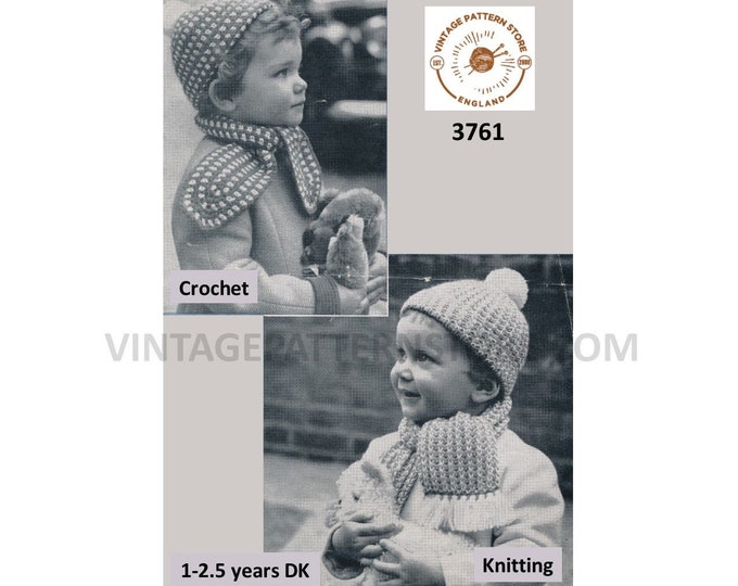 Toddlers childrens 50s vintage 2 colour and easy to knit hat cap and scarf pdf knitting & crochet pattern ages 1 to 2 years Download 3761
