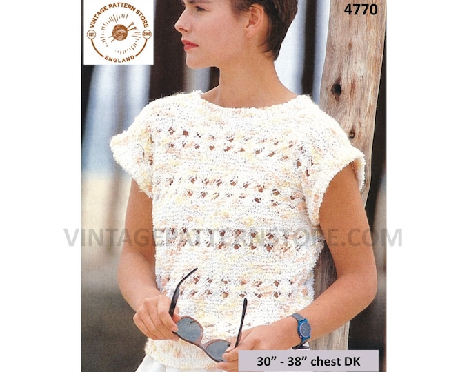 Ladies Womens 90s DK round neck bold lacy lace cap sleeve slipover sweater vest Summer top pdf knitting pattern 30" to 38" Download 4770