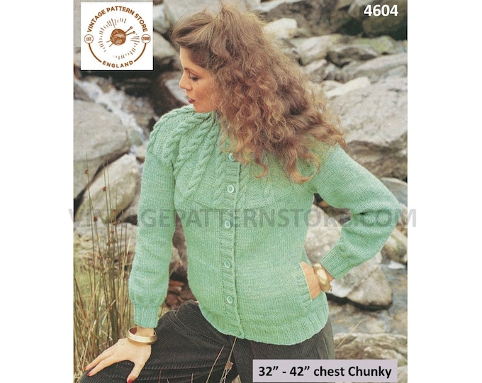 Ladies Womens 80s vintage round neck twist cable yoke cabled yoke raglan cardigan jacket pdf knitting pattern 32" to 42" Download 4604
