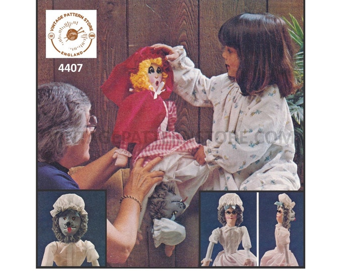 70s vintage cuddly toy topsy turvy red riding Hood grandma and the wolf fairytale doll pdf sewing pattern Instant PDF Download 4407