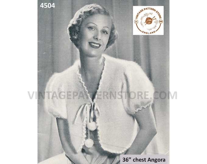 Ladies Womens 30s vintage retro short sleeve bobble tie frilly edge angora bed jacket bedjacket pdf knitting pattern 36" Bust Download 4504