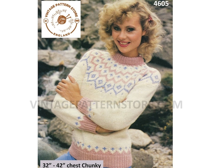 Womens beginners quick simple fun and easy fair isle yoked raglan chunky knit sweater jumper pdf knitting pattern 32" to 42" Download 4605