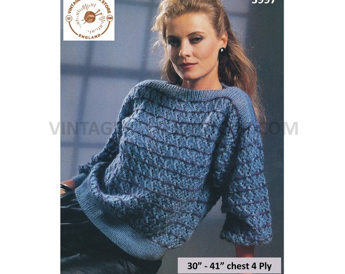 Ladies Womens 90s 4 ply saddle shoulder slash neck drop shoulder eyelet lace sweater jumper pdf knitting pattern 30" to 41" download 3997