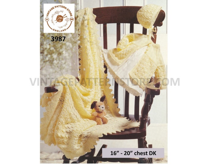 Baby Babies 90s DK layette pram set round neck cable cabled matinee coat jacket bonnet & shawl pdf knitting pattern 16" to 20" Download 3987