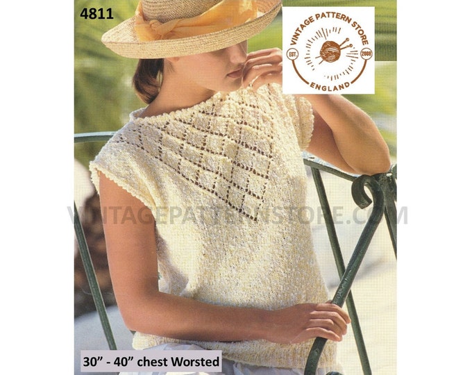 Ladies Womens 90s Worsted diamond eyelet lace panel picot round neck slipover Summer top pdf knitting pattern 30" to 40" PDF Download 4811