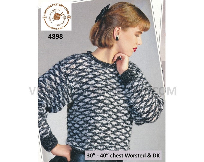 Womens 90s Worsted DK round neck string lace lacy striped drop shoulder dolman sweater jumper pdf knitting pattern 30" to 40" Download 4898