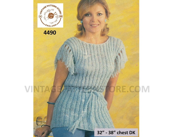 Ladies Womens 70s vintage round neck rib ribbed tasselled cap sleeve long line DK sweater pdf knitting pattern 32" to 38" Download 4490