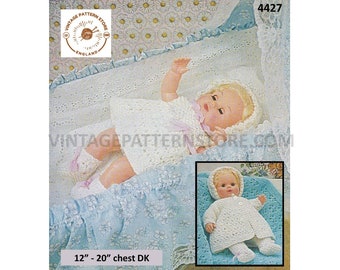 80s vintage 12" 14" 16" 18" 20" DK baby doll clothes pram set layette dress matinee coat bootees bonnet pdf knitting pattern Download 4427