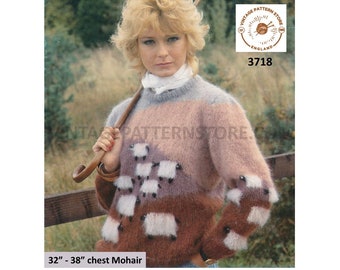 Ladies Womens 80s vintage round neck mohair raglan sheep intarsia patterned sweater jumper pdf knitting pattern 32" to 38" PDF download 3718