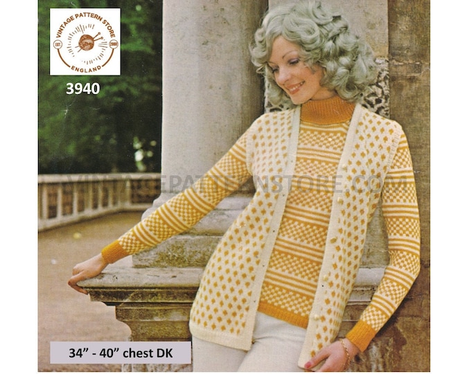 Ladies Womens 70s vintage DK polo neck fair isle raglan sweater & V neck waistcoat pdf knitting pattern 34" to 40" Instant PDF download 3940