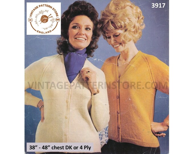 Ladies Womens 70s vintage plain and simple easy to knit DK or 4 ply V neck raglan cardigan pdf knitting pattern 38" to 48" PDF download 3917