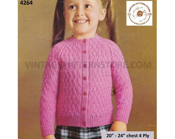 Girls Toddlers 70s vintage 4 ply round neck cable cabled raglan cardigan pdf knitting pattern 20" to 24" chest Instant PDF Download 4264